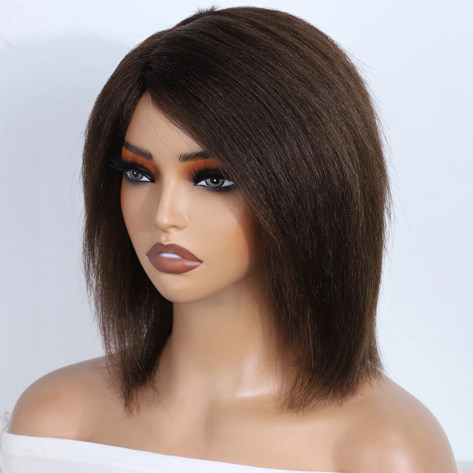 Lekker Short Kinky Straight Bob Glueless Ready to Wear Human Hair Wigs For Women Brazilian Remy Hair Natural Brown 12" Bob Wigs