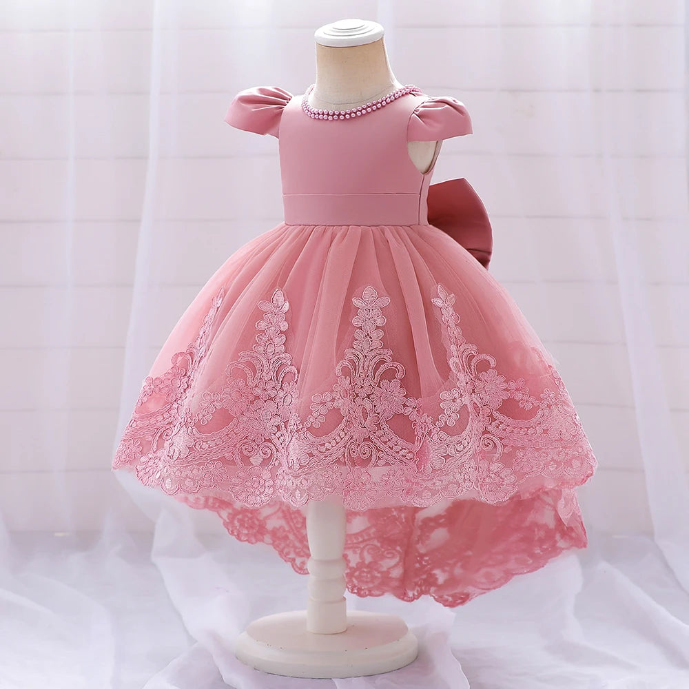 Toddler Bow Baby Dress For Girls Beading Tulle Princess 1st Birthday Embroidery Kids Party Dresses for Girl Pink Baptism Costume