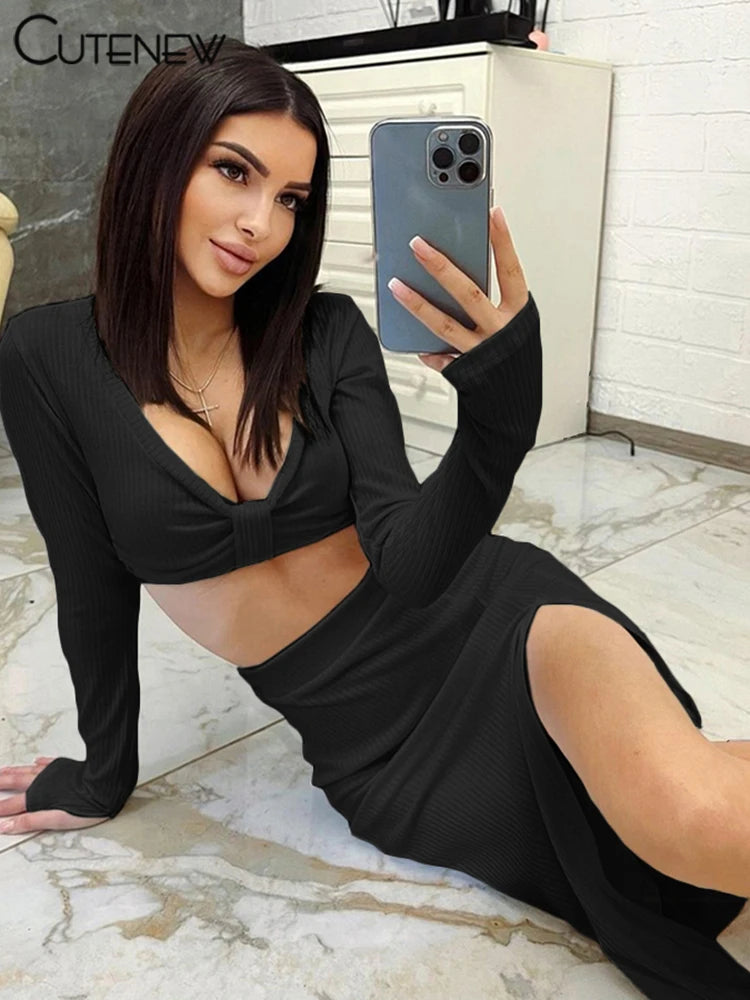 Cutenew Elegant Solid Black 2 Pieces Set Women Outfit Long Sleeves Crop Top+High Waist Side Slit Skirts Matching Lady Streetwear