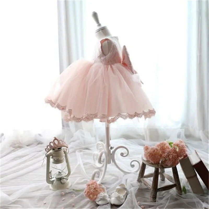 2023 Infant Baby Girls Flower Dresses Christening Gowns Newborn Babies Baptism Clothes Princess Tutu Birthday White Bow Dress