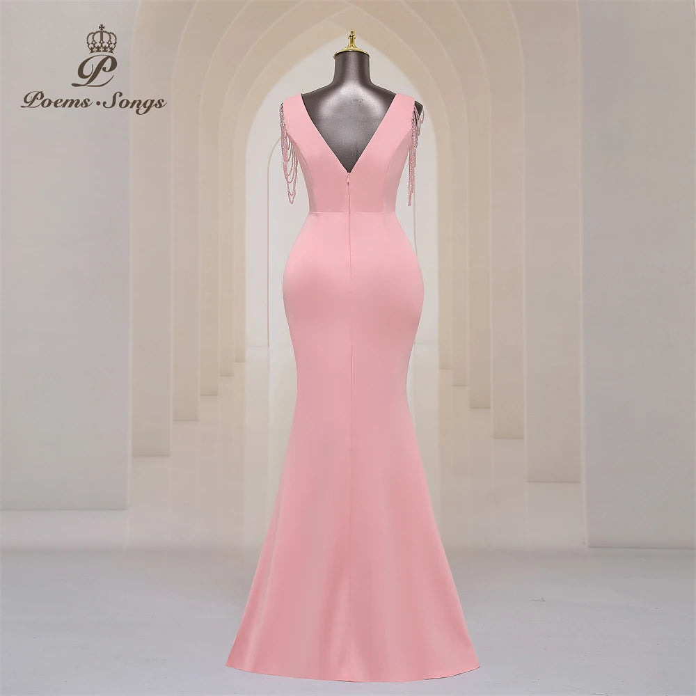 Sexy side slit Party dress for women Long Prom Dress Soft Satin shoulder Beading evening dresses bridesmaid dresses Maxi Dress