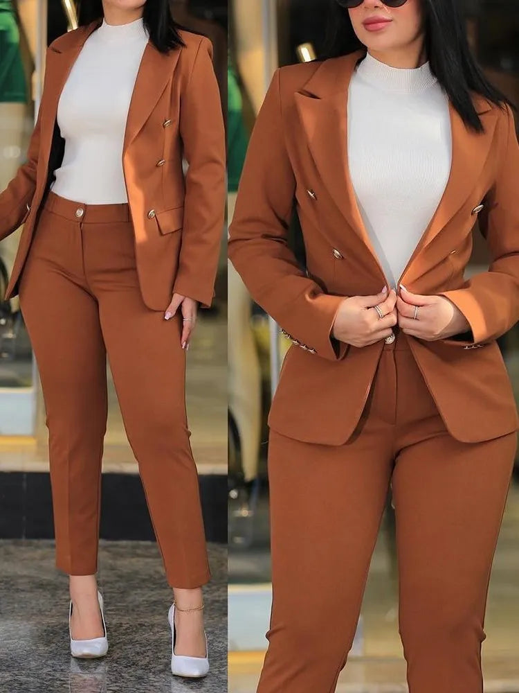 Spring Autumn Women's Solid Color Long Sleeve Suit Fashion A Button Slim-fit Wrap Buttock Pencil Pants Female Office 2 Piece Set