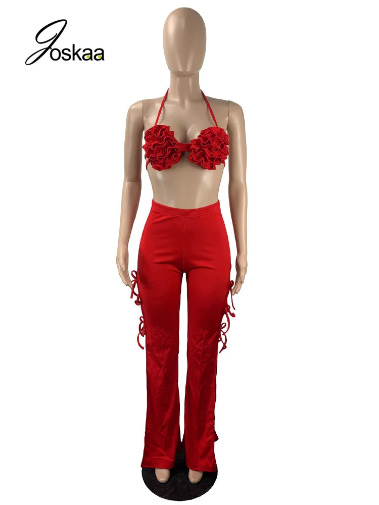 Joskaa Solid Color Bikini Tops and Hollow Out Bandage Flare Pants Two Piece Set Women Clothing Summer 2022 Sexy Club Outfits