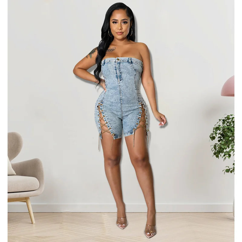 Denim Bandage Women Playsuit Off Shoulder Skinny Jeans Rompers 2023 Summer Sexy Back Zipper Fly Night Club Party Short Jumpsuits