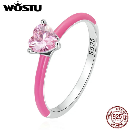 WOSTU 100% 925 Sterling Silver Trendy Pink Heart Zircon Size Rings For Women Fine Blue Zirconium Rings S925 Exquisite Jewelry