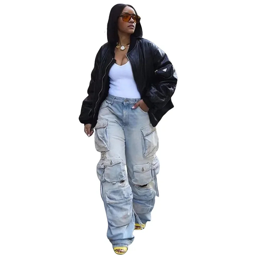 Denim Pocket Pants Jeans Women Streetwear Retro Loose Wide Leg Overalls Vintage Button Long Capris Sporty Y2k Cargo Pants