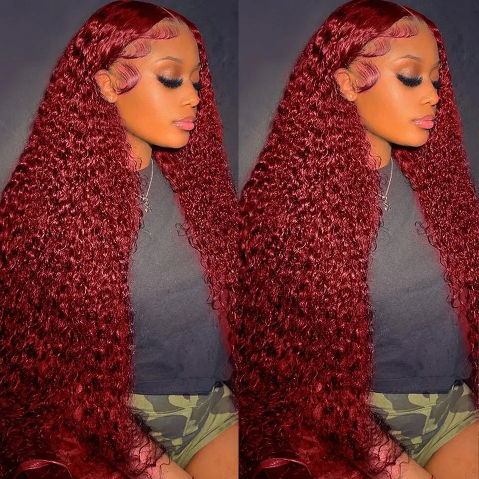 250 Density 30 40 Inch 99J Burgundy Deep Wave 13x4 Lace Front Human Hair Wig 13x6 Lace Frontal Red Curly Wigs Remy For Women