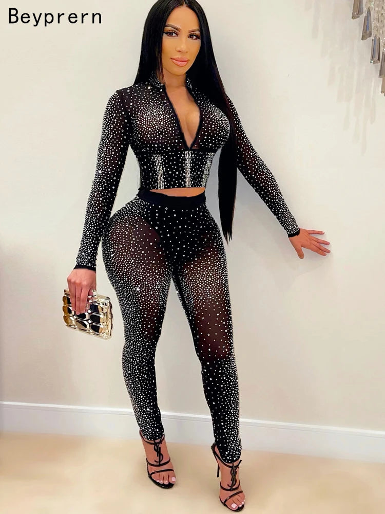 Beyprern Sparkle Crystal Pants Set Outfits New Spring See Through Rhinestone Studded Crop Top And Legging Set Party Club Wears