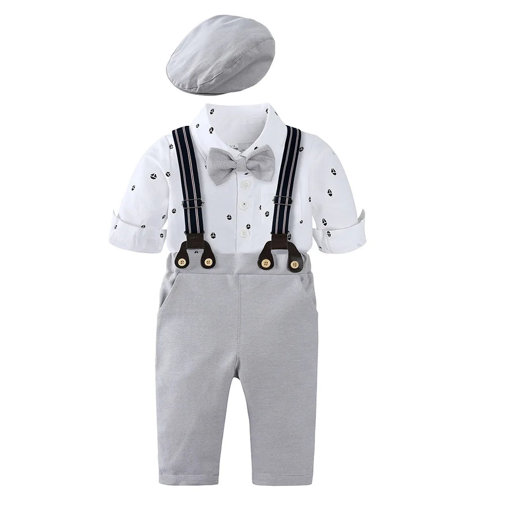 4Piece Sets Fall Newborn Boy Clothes Fashion Gentleman Cotton Long Sleeve Bodysuit+Pants+Straps+Hat Baby Luxury Clothing BC1566