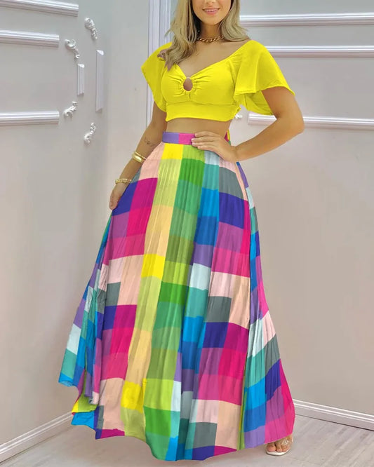 Solid O-Ring Crop Top & Colorful Plaid Skirt Set