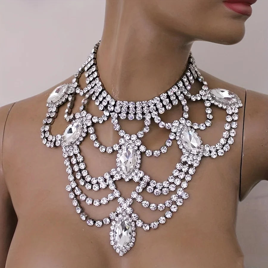 Fashion Shiny Rhinestone Necklace Jewelry Women's Exquisite Luxury Bridal Wedding Party Jewelry Necklace Wearing Accessories