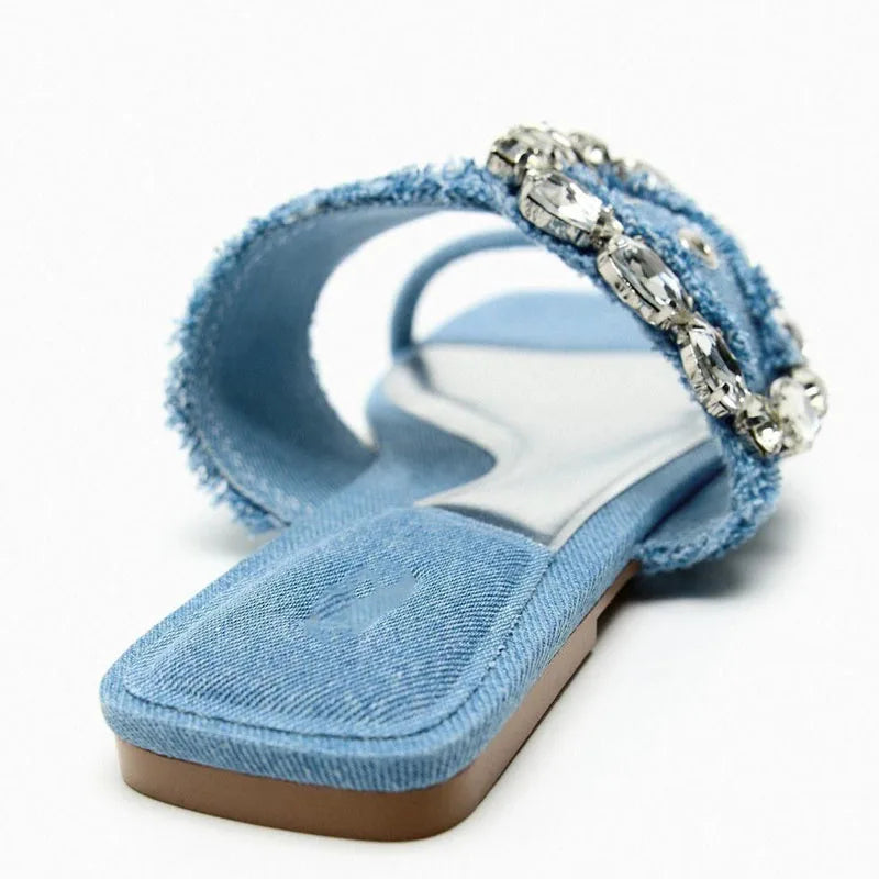 TRAF Denim Slippers Shoes For Women 2023 Summer Flat Sandals Fashion Rhinestone With Buckle Casual Ladies Slippers And Sandals