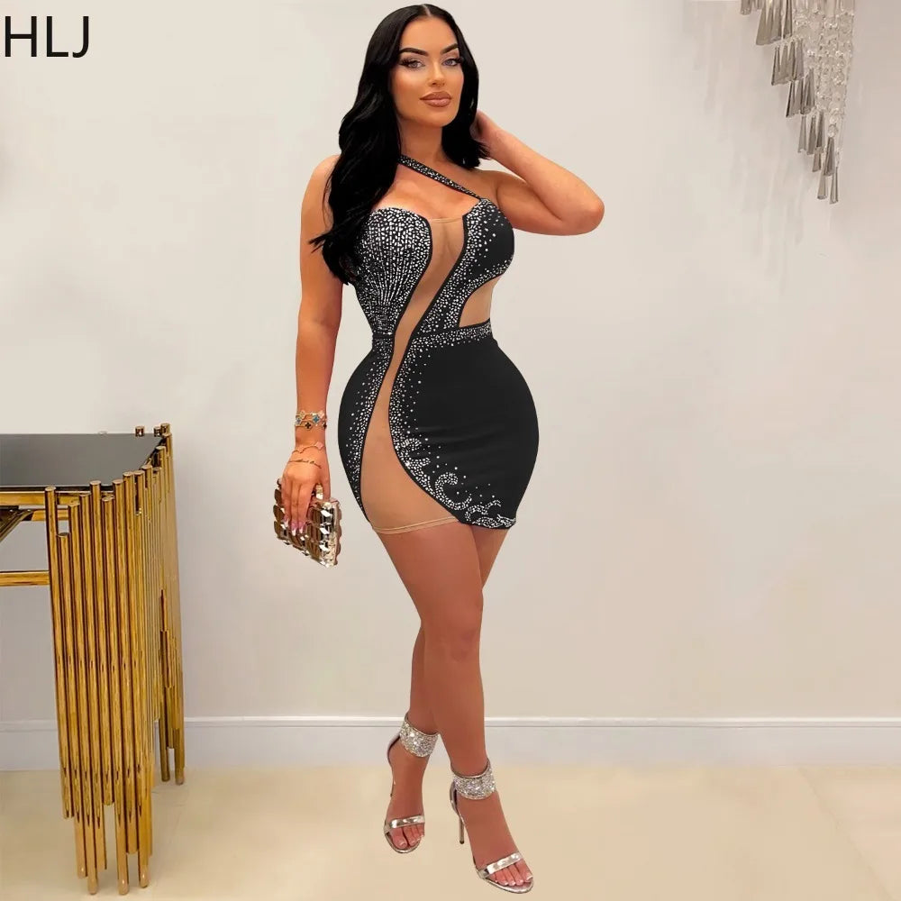 HLJ Sexy Hollow Out Mesh Patchwork Mini Dress Women One Shoulder Sleeveless Party Nightclub Fashion Female Rhinestones Vestidos