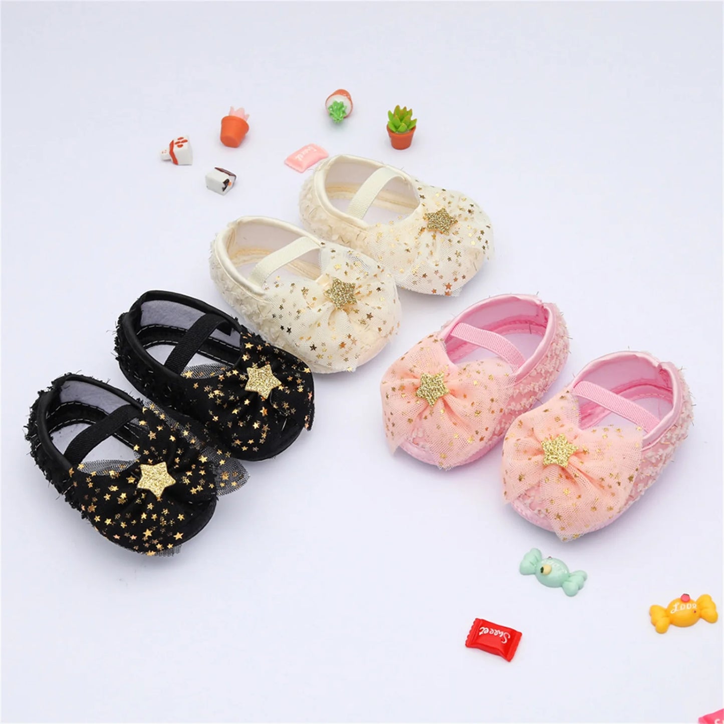 Toddler Newborn Baby Girls First Walkers Cotton Cloth Shoes with Pentagram Sequins, Bow Mesh Sweet Decoration Accessory Princess