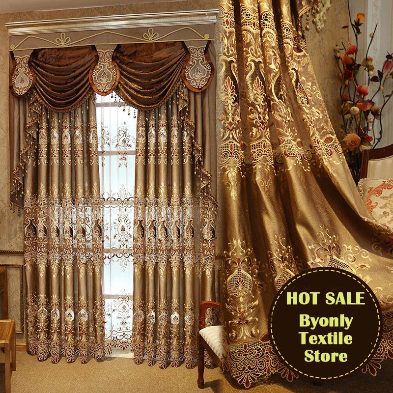 Coffee Dark Gold Brown Embroidery Hollow Out Design Window Screen Curtains for Living Room Bedroom Villa Custom Home Decoration