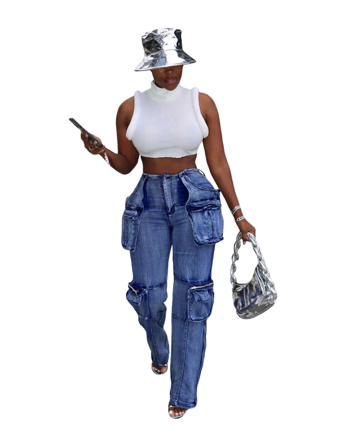 Washed Women Denim Cargo Pants with Pockets High Waist Zipper Fly Straight Jeans 2024 Spring New Chic Streetwear Bottoms Outfits