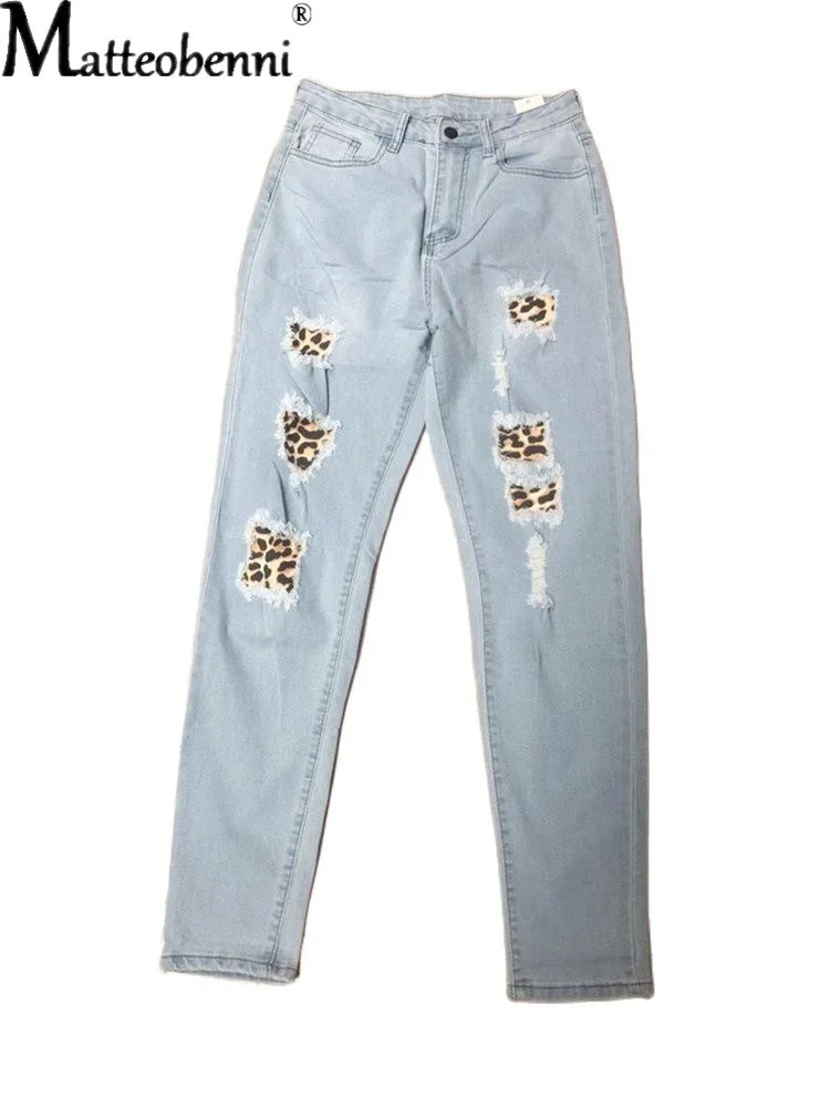 Hot Sale Women Ripped Patch Leopard Print Jeans Fashion High Waist Stretch Skinny Denim Pencil Pants Street Casual Hipster Jeans