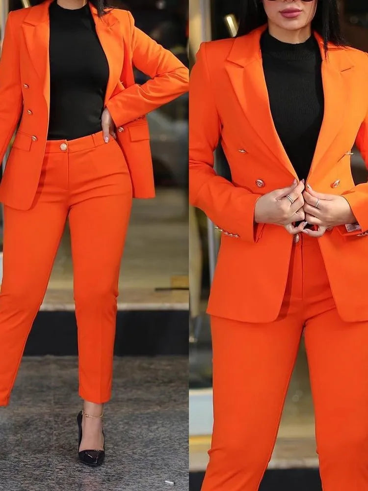 Spring Autumn Women's Solid Color Long Sleeve Suit Fashion A Button Slim-fit Wrap Buttock Pencil Pants Female Office 2 Piece Set