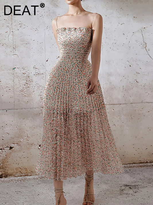 DEAT Elegant Dress Slip Cross Lines Waist Slim Colored Flowers Printed Thin Women's Party Dresses 2024 Summer New Tide 13DB1308