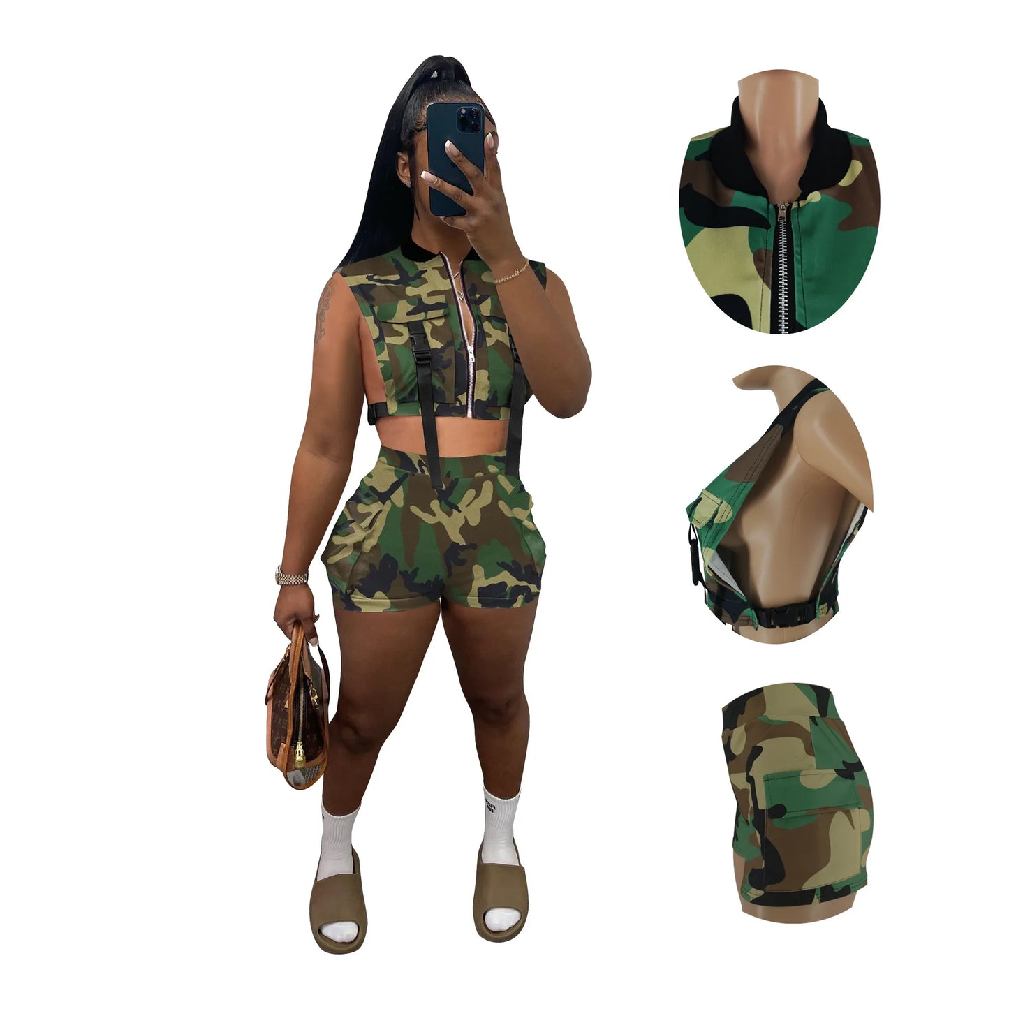 Summer Camouflage Print Short Tracksuit Women Sexy Sleeveless Vest Crop Top + Shorts Skinny Club Party Two Piece Set Casual