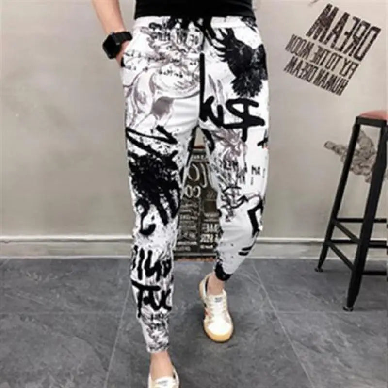 2023 Summer Fashion Personality Trendy Men's High Waist Lace Up Printed Pocket Slim Fit Versatile Social Guy Trendy Feet Pants