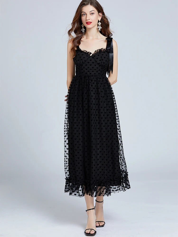 Elegant Black Long Dress Summer Women Mesh Tulle Polka Dots Lace Party Dresses Ladies Slim A-line Vintage Maxi Dress Vestidos