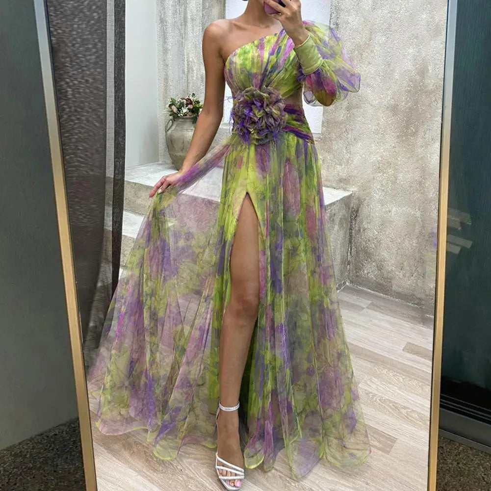 Formal Evening Dress Flower Embellished Evening Dress Elegant One Shoulder Tie-dye Ball Gown with Mesh Bubble Sleeves Split Hem