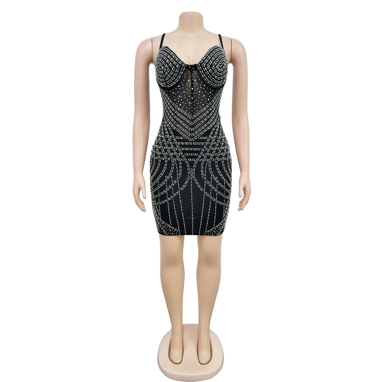 Clothing 2023 Mesh See Though Diamonds Spider Pattern Strap Sleeveless Bodycon Midi Dress for Women Birthday Sexy Club Party