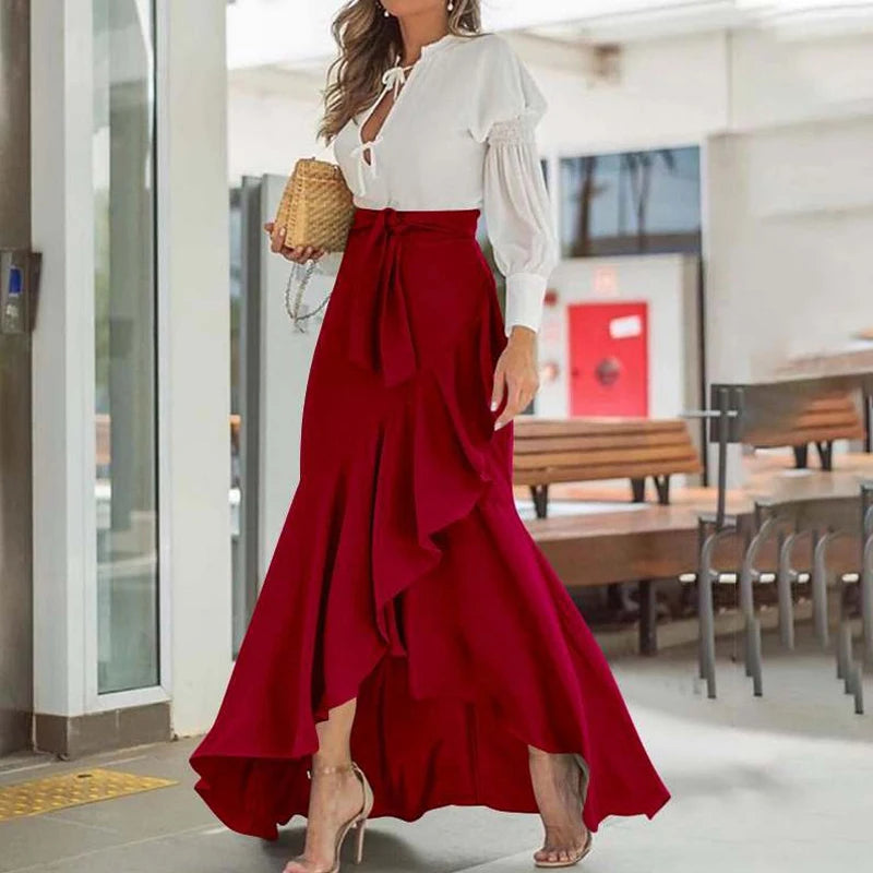 Women High Waist Maxi Skirt High Low Irregular Hem Self-tie Elastic Ruffle Long Skirt Ruffle Women Maxi Skirt Long