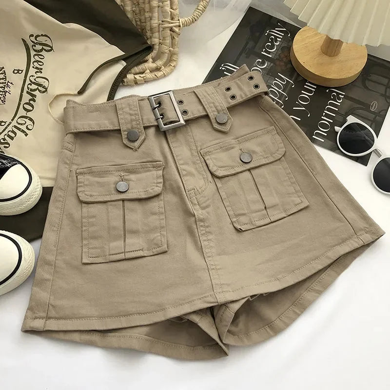 2023 Summer Safari Style Women Denim Pantskirt High-waist Short Slim A-line Jean Skirts Lady Anti-expose Lining Wide-leg Shorts