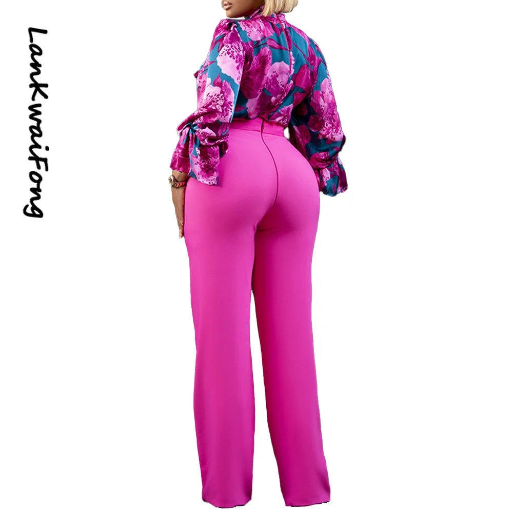 LKF 2023 New 2 Piece Women's Flower Print Top Shirt Pants Suit Sexy Casual Commuter Elegant Clothing Lace-up Wide-leg Pants