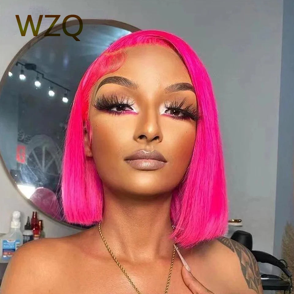 Hot Pink Colored Short Bob Wig 13x4 Lace Front Human Hair Wigs For Women 180% Density Virgin Straight Bob Wig Lace Frontal Wigs