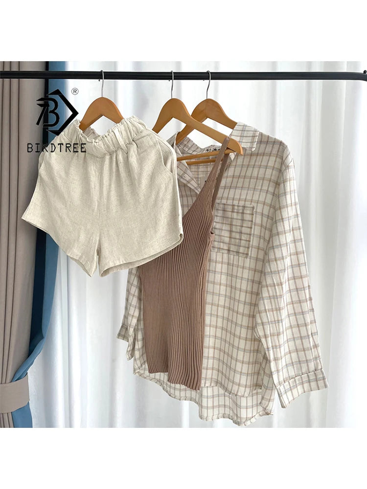 Summer Women Three Piece Sets Casual Linen Plaid Long Sleeve Tops + Elastic Waist Belt Wide Leg Shorts Vest Suits S26801J