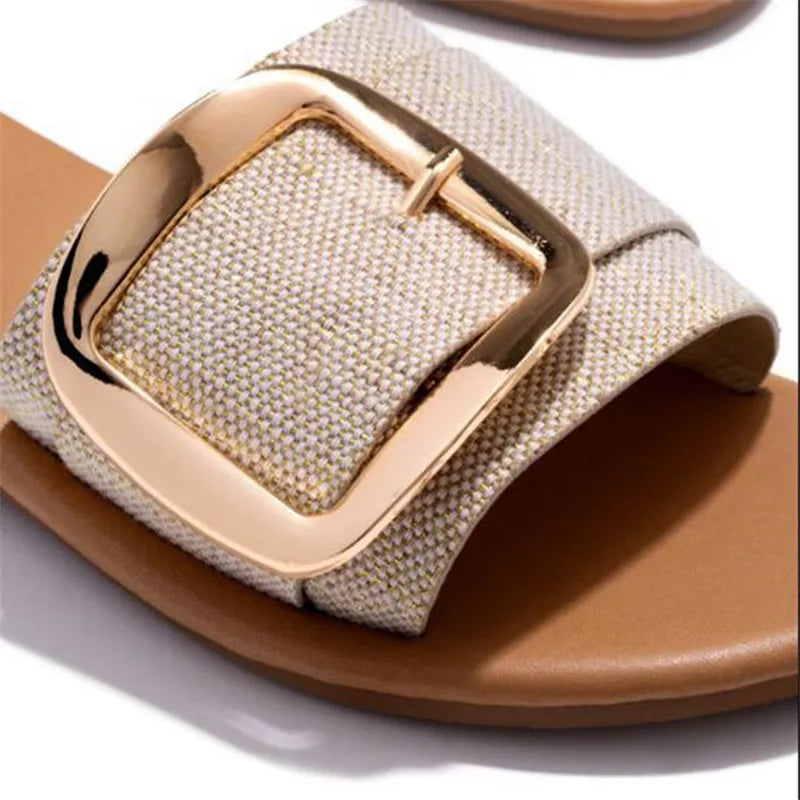 Summer New Women Slippers Fashion Upper Buckle Decoration Flat Heel Peep Toe Ladies Shoes Outdoor Slides