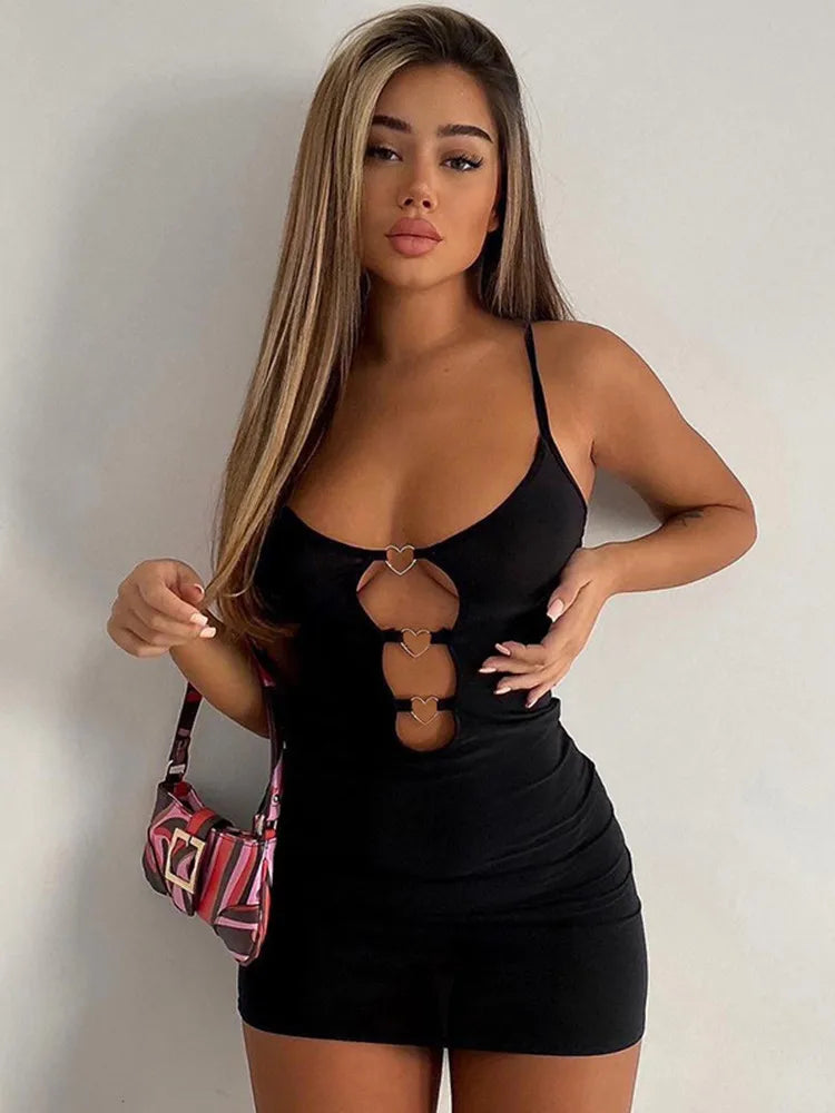 Hollow Out Black Bodycon Woman Dress Camisole Heart Ring Decor Club Sexy Party Dress For Women Short Mini Dress Vestido De Mujer