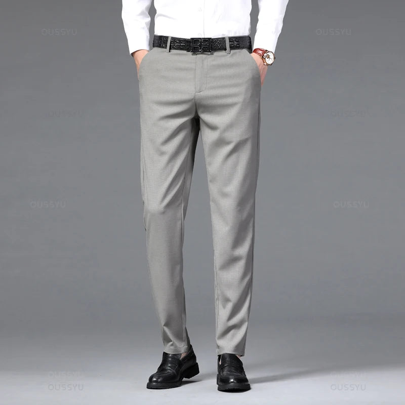 Brand Clothing Summer High Quality Soft Formal Suit Pants Men Business Thin Straight Party Wedding Office Grey Trousers Male