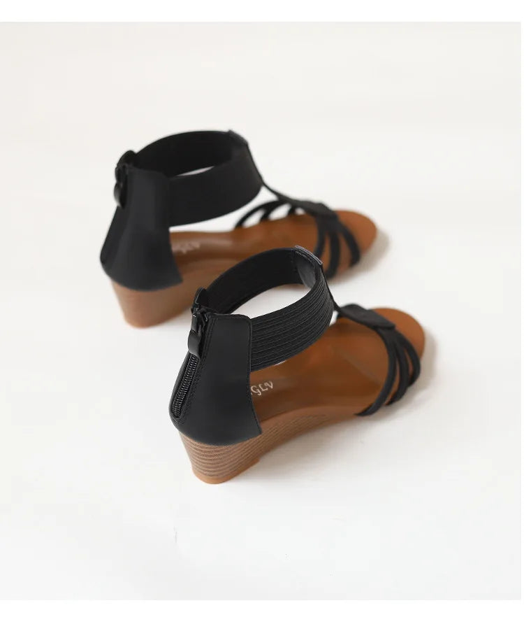 2024 Summer New Comfortable Wedge Women's Sandals 4.5CM Thick Bottom Zipper Casual Versatile Soft Sole Roman Sandals 1418-27