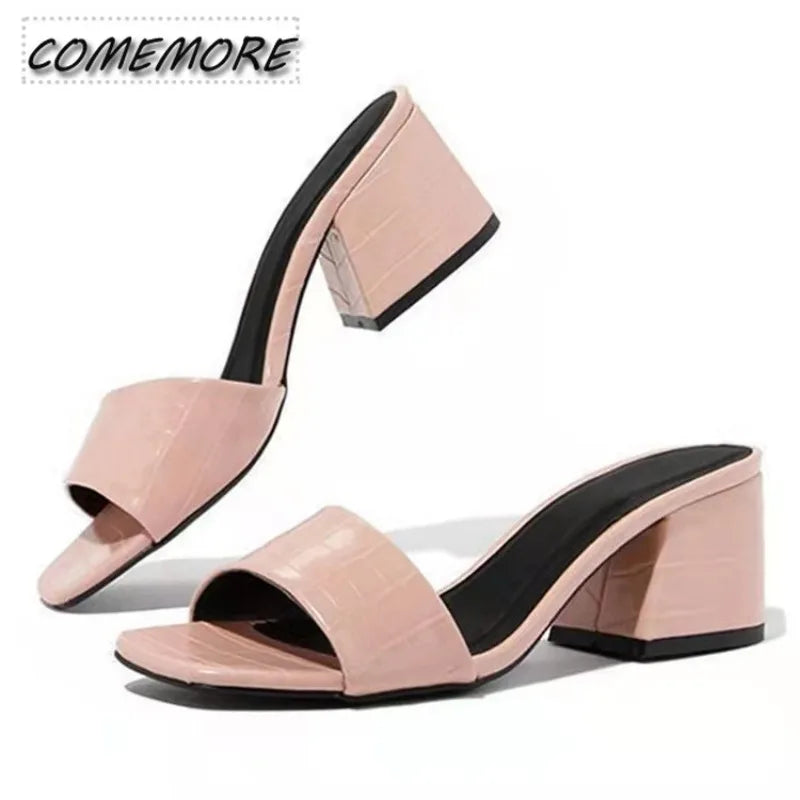 Fashion Women Pumps Slippers Ladies Square Toe Female Slides Summer Shoes Sandals High Heels 2024 New Comfortable Black Size 42