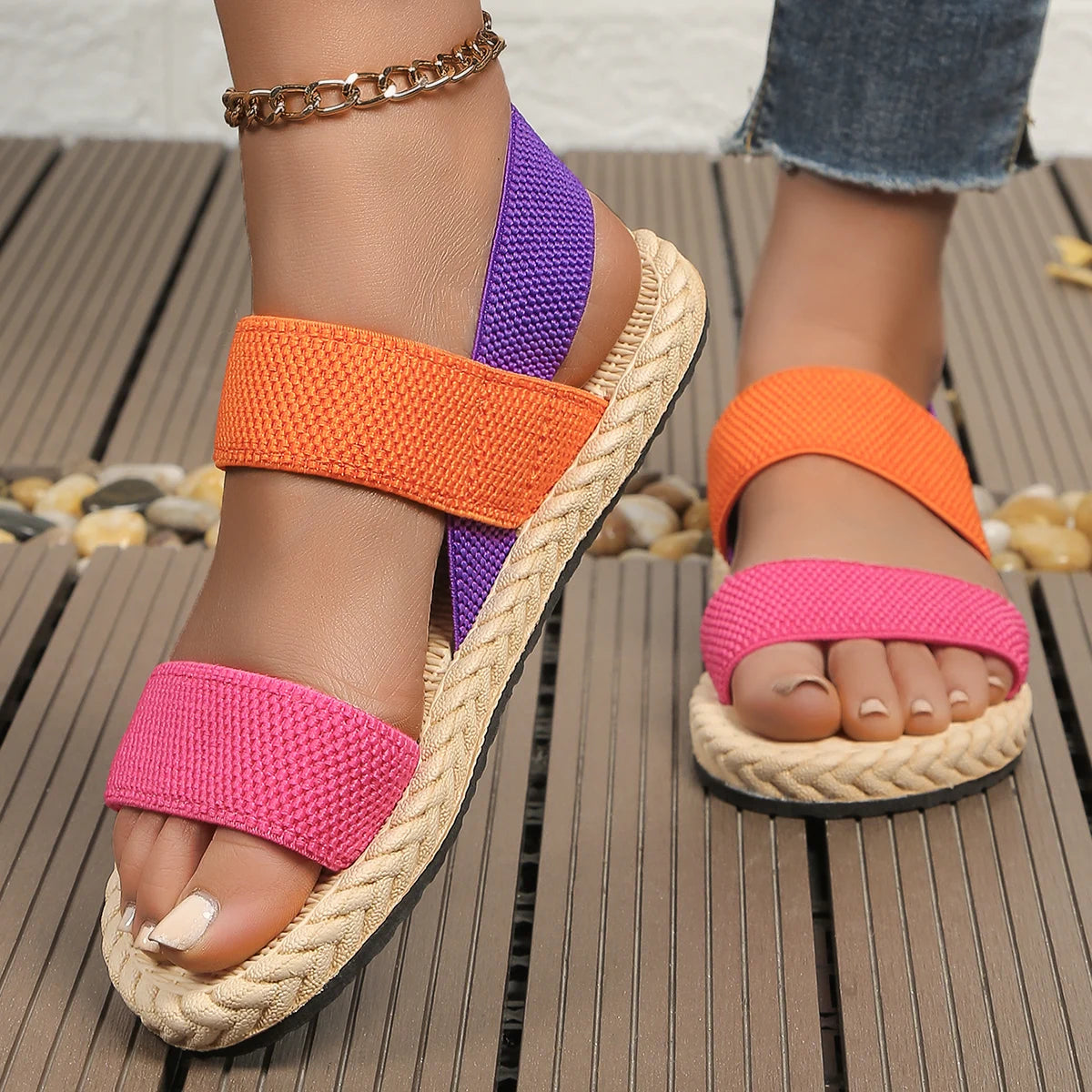 Women's fashion trend anti-slip wear-resistant multi-color matching elastic flat sandals