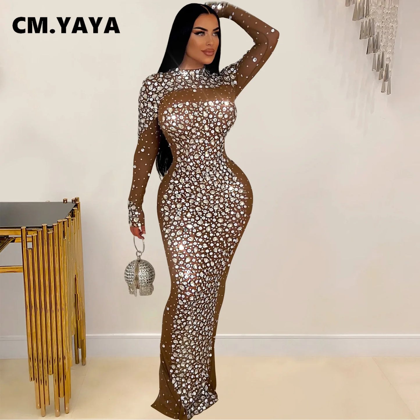 CM.YAYA 2024 Women Long Sleeve Mesh Diamonds Hot Rhinestones Bodycon Midi Dress Women’s Maxi Long Evening Birthday Dresses