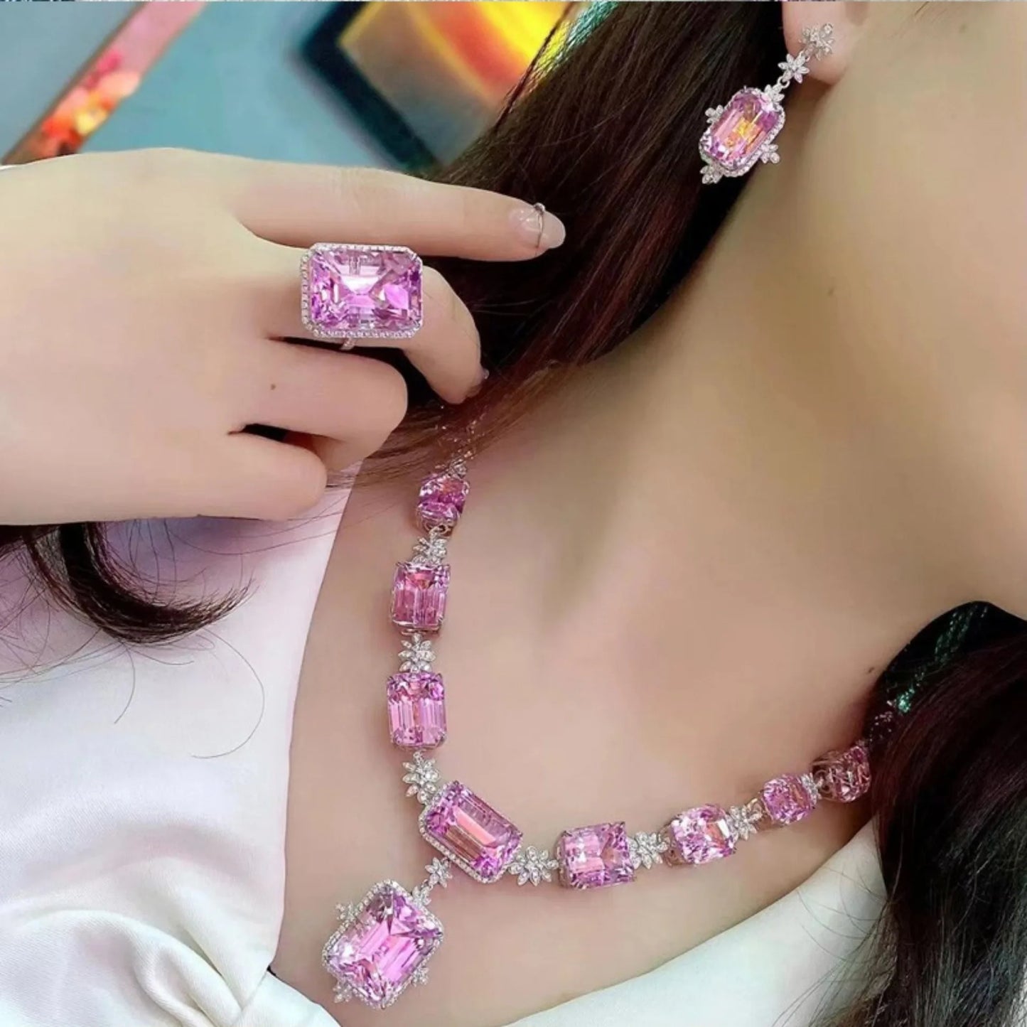 Luxury Female Pink Crystal Rings Jewelry Sets Charm Silver Color Wedding Drop Earrings For Women Luxury Bridal Choker Necklaces