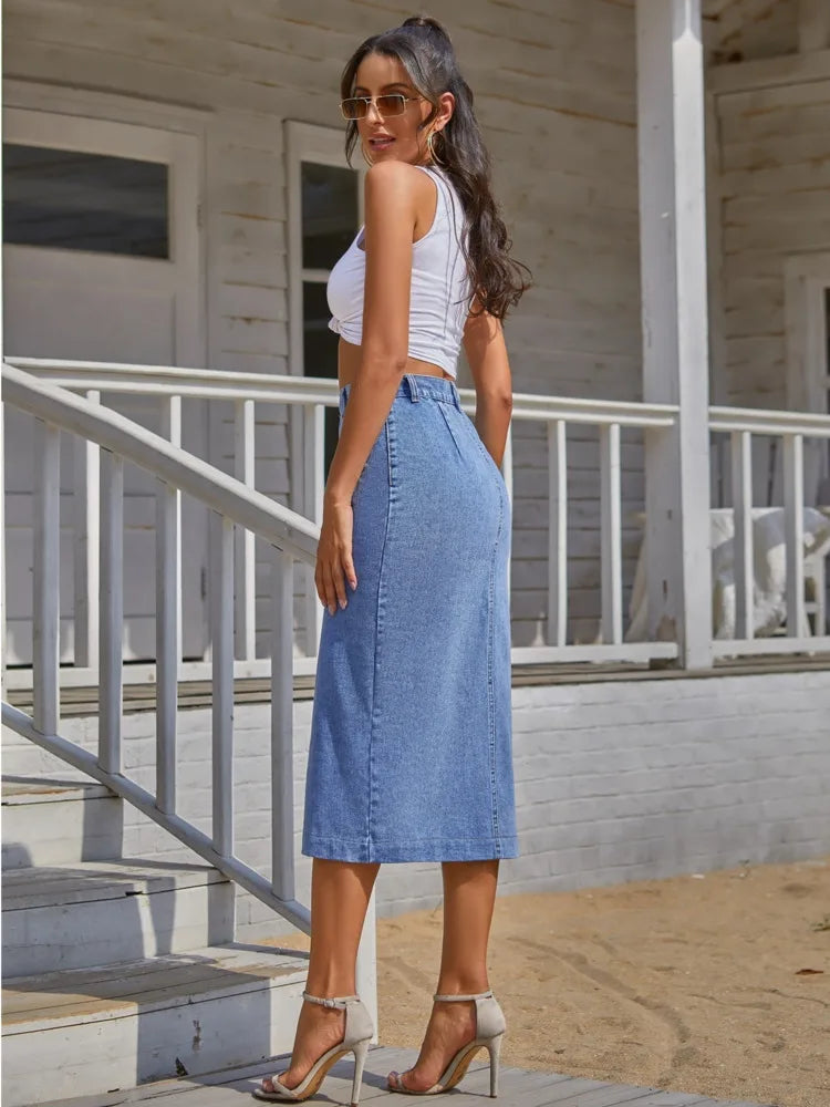 Button Front Longline Denim Skirt Retro Long Summer Denim Skirts Girls High Waist Split Jeans Straight Maxi Denim Skirts