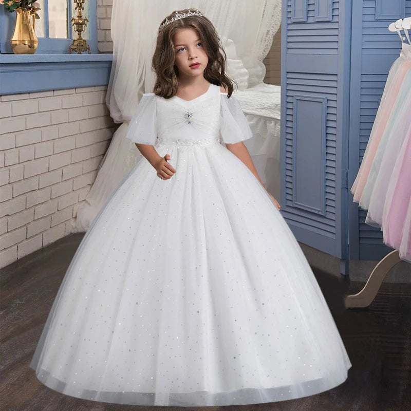 4-14Y Lace Teenagers Kids Girls Wedding Long Dress elegant Princess Party Pageant Christmas Formal Sleeveless Dress Clothes