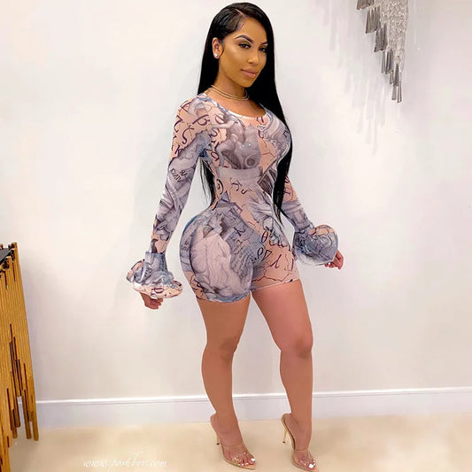 Sexy Sheer Printed Romper O Neck Flare Sleeve Shorts Mesh See Through Club Party Short Jumpsuit Fashion Women Playsuit Romper