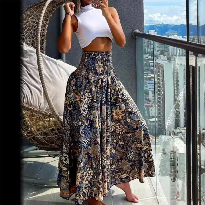 Boho Print Skirts For Women 2024 Summer Casual Elastic High Waist A-line Big Swing Long Dress Vacation Beach Party Skirt Robe