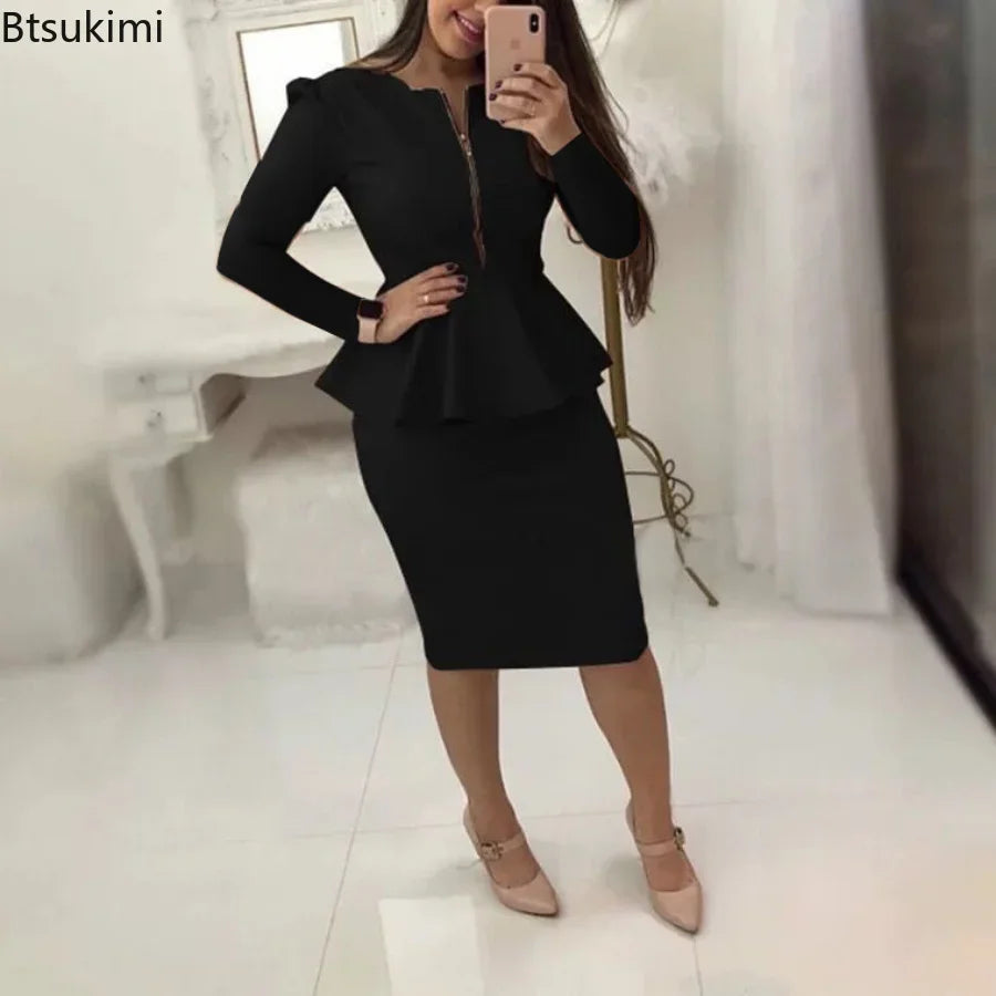 2024 Women's Formal Office Skirt Sets Solid Zipper V-neck Pencil Knee-Length Business OL Skrit Sets Female Two Pieces Dress Sets