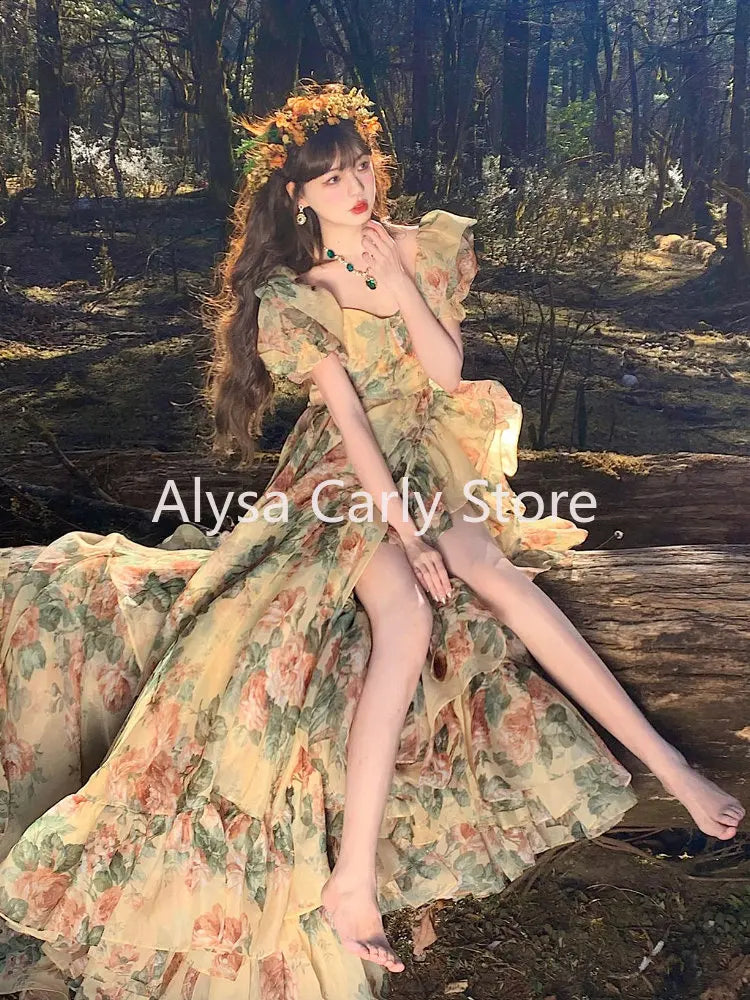 Ruffles Floral Long Fairy Dresses Women 2023 Summer Elegant Party Sweet Princess Dress Female Fashion Korean Split Dress Casual