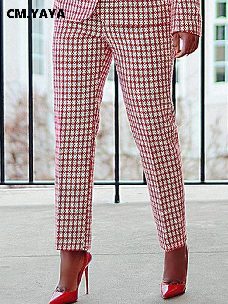 CM.YAYA Elegant Houndstooth Blazer Suit and Pants Two 2Piece Set for Women 2023 Autumn Winter Classic OL Street Outfit Tracksuit