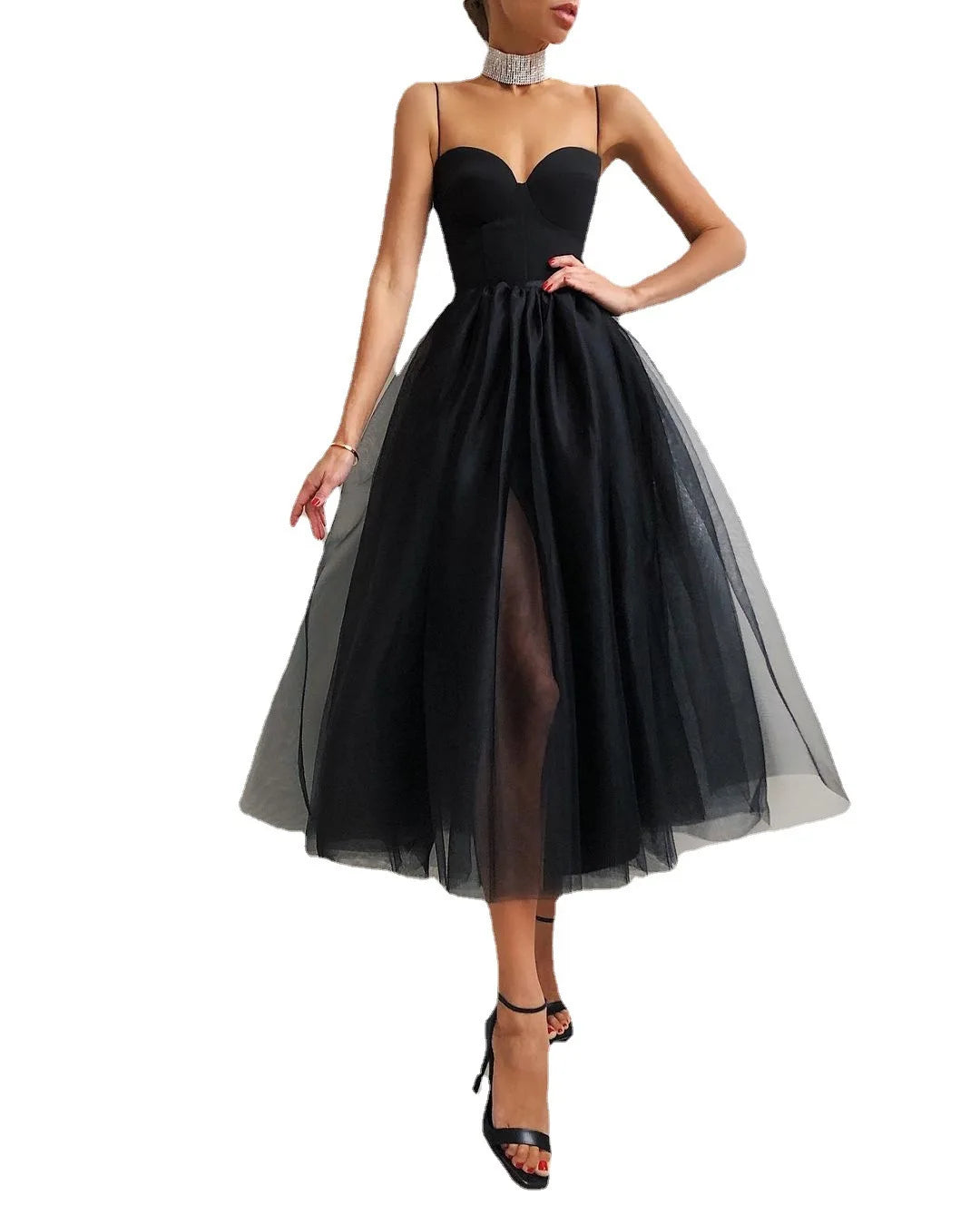 Women Fashion A-line Evening Dress Tulle Sexy Spaghett V-neck Backless Party Dress Elegant Cocktail Bridesmaid Dresses