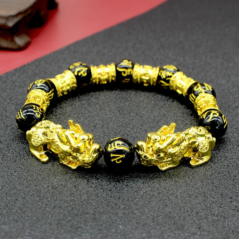 2PCS Feng Shui Black Obsidian Wealth Bracelets for Women Men Obsidian Stone Beads Pixiu Character Bracelet Lucky Jewelry